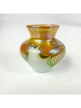 Miniature Art Glass Hand-Blown White & Golden Pulled Feather Vase 2"